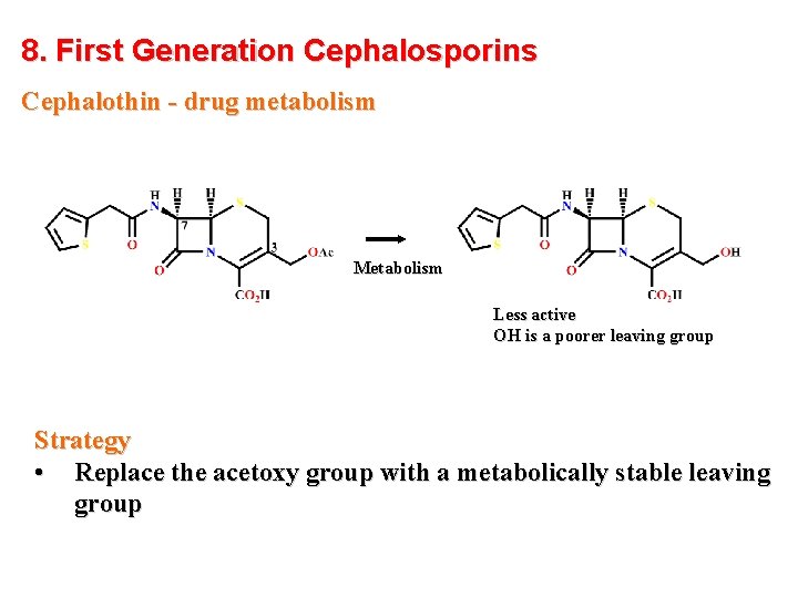 8. First Generation Cephalosporins Cephalothin - drug metabolism Metabolism Less active OH is a