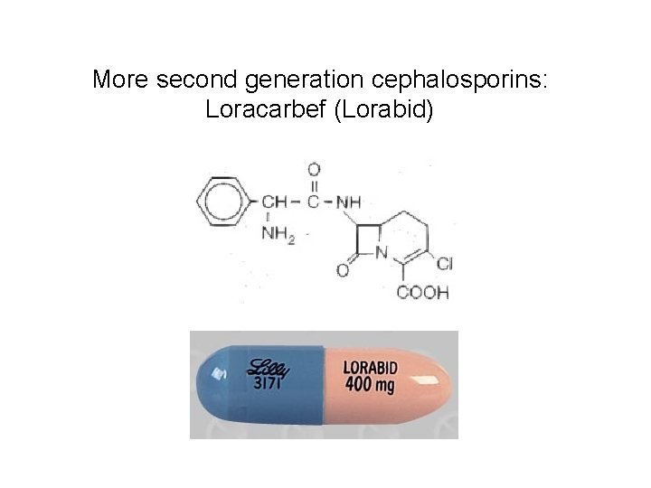 More second generation cephalosporins: Loracarbef (Lorabid) 
