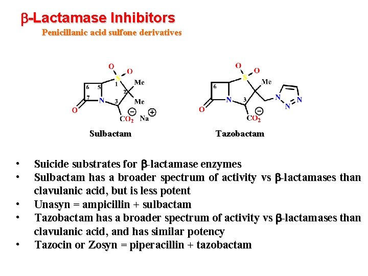 b-Lactamase Inhibitors Penicillanic acid sulfone derivatives Sulbactam • • • Tazobactam Suicide substrates for