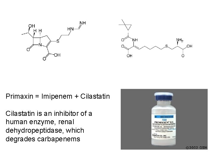 Primaxin = Imipenem + Cilastatin is an inhibitor of a human enzyme, renal dehydropeptidase,