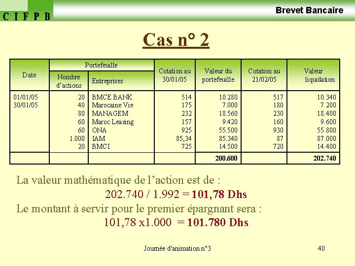  Brevet Bancaire Cas n° 2 Portefeuille Date 01/01/05 30/01/05 Nombre d’actions 20 40