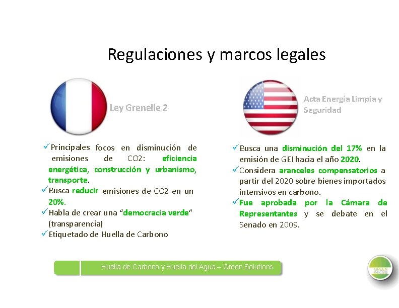 Regulaciones y marcos legales Acta Energía Limpia y Seguridad Ley Grenelle 2 Principales focos