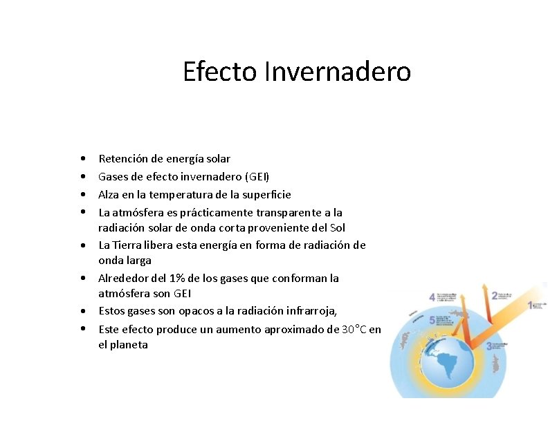 Efecto Invernadero • • Retención de energía solar Gases de efecto invernadero (GEI) Alza