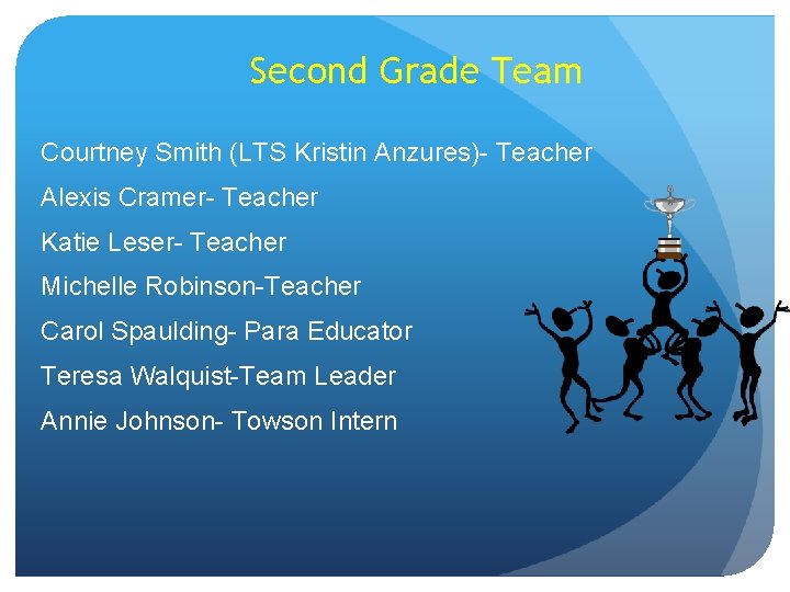 Second Grade Team Courtney Smith (LTS Kristin Anzures)- Teacher Alexis Cramer- Teacher Katie Leser-