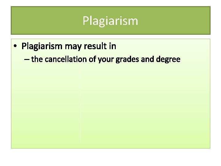 Plagiarism • Plagiarism may result in – the cancellation of your grades and degree