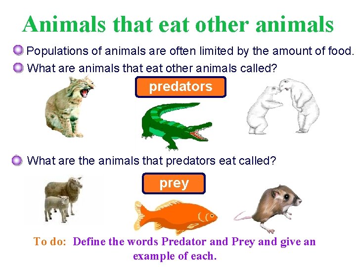 Animals that eat other animals Populations of animals are often limited by the amount