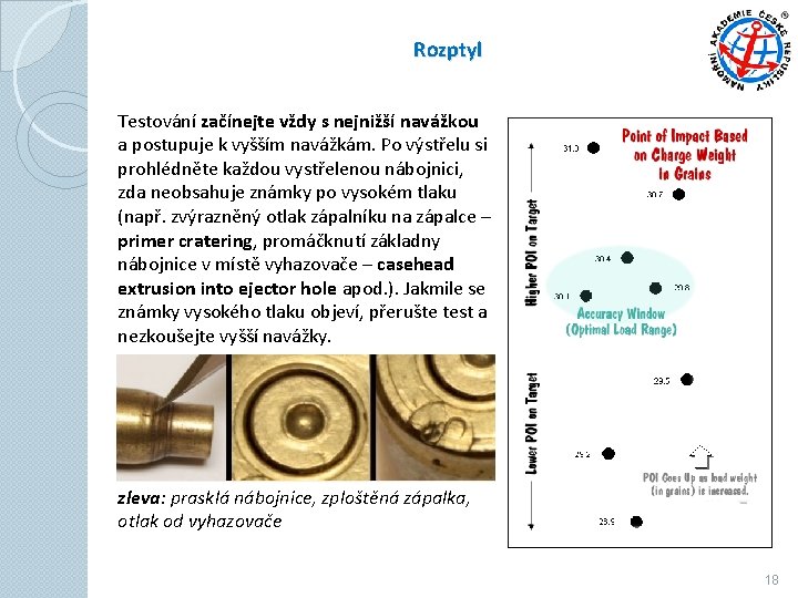 Rozptyl Testování začínejte vždy s nejnižší navážkou a postupuje k vyšším navážkám. Po výstřelu