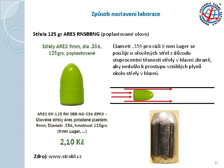 Způsob nastavení laborace Střela 125 gr ARES RNSBBNG (poplastované olovo) Diametr. 356 pro ráži