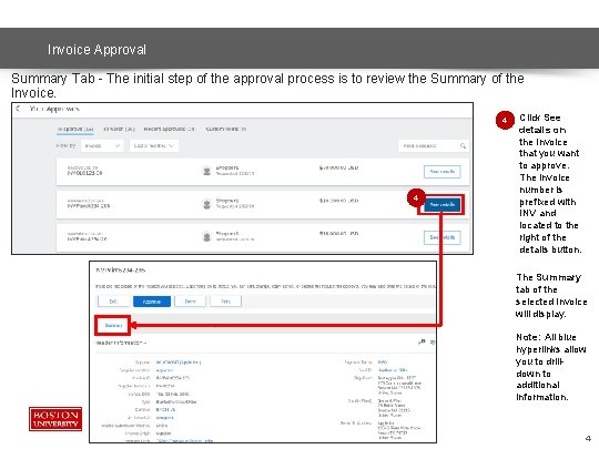 Invoice Approval Summary Tab - The initial step of the approval process is to