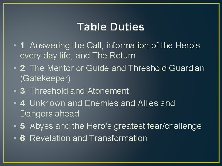 Table Duties • 1: Answering the Call, information of the Hero’s every day life,