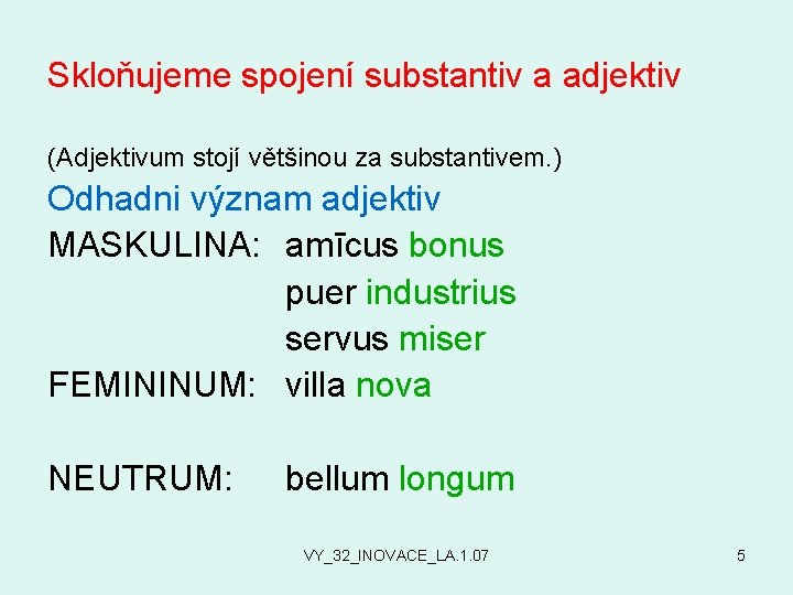 Skloňujeme spojení substantiv a adjektiv (Adjektivum stojí většinou za substantivem. ) Odhadni význam adjektiv