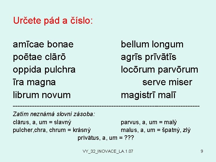 Určete pád a číslo: amīcae bonae poētae clārō oppida pulchra īra magna librum novum