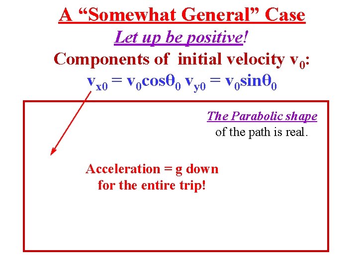 A “Somewhat General” Case Let up be positive! Components of initial velocity v 0: