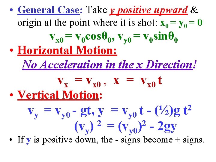  • General Case: Take y positive upward & origin at the point where