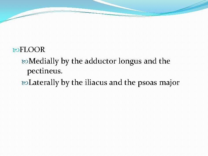  FLOOR Medially by the adductor longus and the pectineus. Laterally by the iliacus