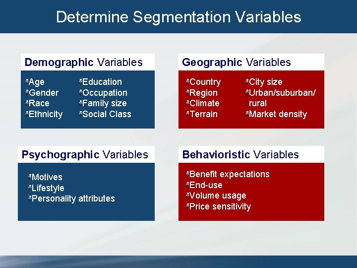 Determine Segmentation Variables Demographic Variables Age Gender Race Ethnicity Education Occupation Family size Social