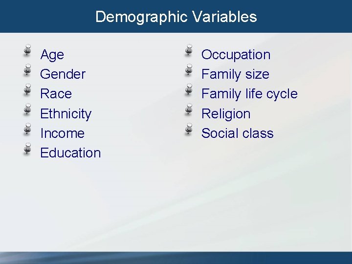 Demographic Variables Age Gender Race Ethnicity Income Education Occupation Family size Family life cycle