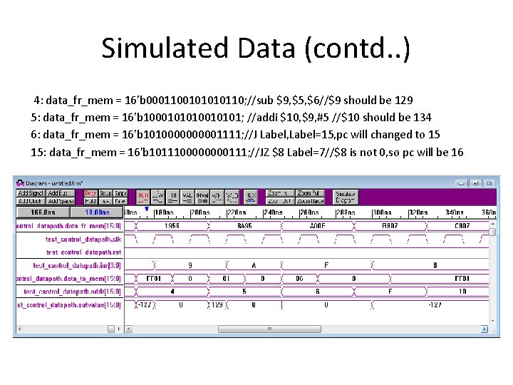 Simulated Data (contd. . ) 4: data_fr_mem = 16'b 000110010110; //sub $9, $5, $6//$9