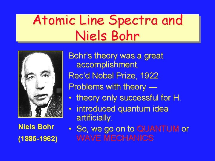 Atomic Line Spectra and Niels Bohr (1885 -1962) Bohr’s theory was a great accomplishment.