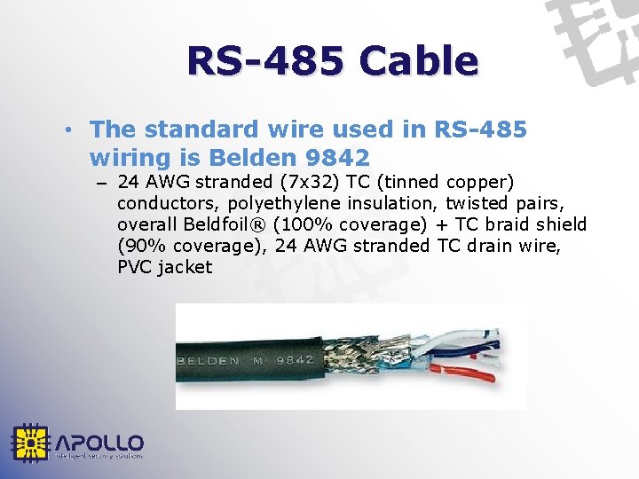 RS-485 Cable • The standard wire used in RS-485 wiring is Belden 9842 –