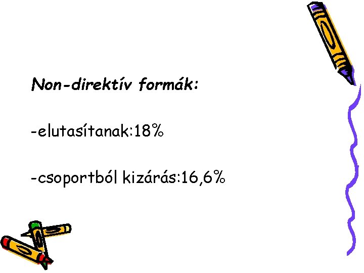 Non-direktív formák: -elutasítanak: 18% -csoportból kizárás: 16, 6% 