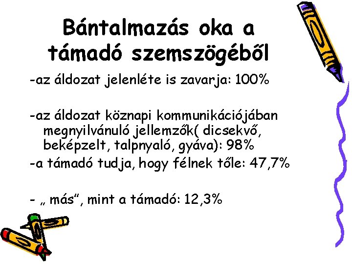 Bántalmazás oka a támadó szemszögéből -az áldozat jelenléte is zavarja: 100% -az áldozat köznapi