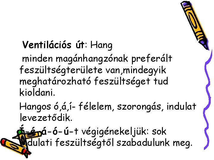 Ventilációs út: Hang minden magánhangzónak preferált feszültségterülete van, mindegyik meghatározható feszültséget tud kioldani. Hangos