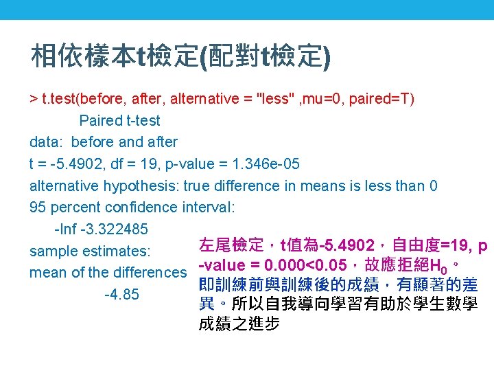 相依樣本t檢定(配對t檢定) > t. test(before, after, alternative = "less" , mu=0, paired=T) Paired t-test data: