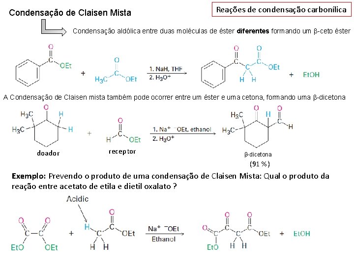 Condensação de Claisen Mista Reações de condensação carbonílica Condensação aldólica entre duas moléculas de