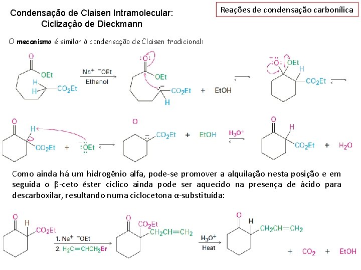 Condensação de Claisen Intramolecular: Ciclização de Dieckmann Reações de condensação carbonílica O mecanismo é