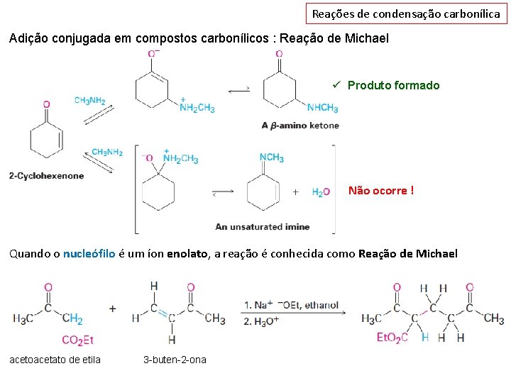 Reações de condensação carbonílica Adição conjugada em compostos carbonílicos : Reação de Michael ü