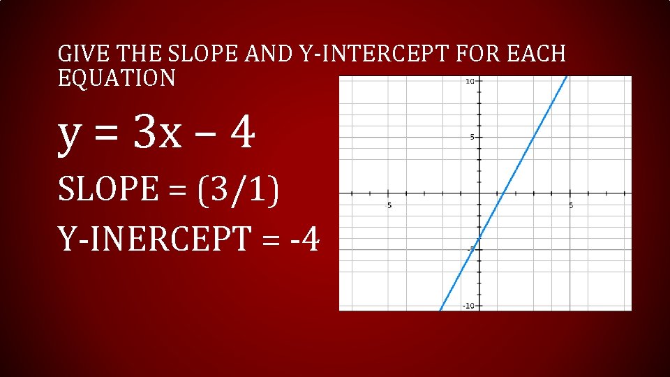 GIVE THE SLOPE AND Y-INTERCEPT FOR EACH EQUATION y = 3 x – 4 GIVE THE SLOPE AND Y-INTERCEPT FOR EACH EQUATION y = 3 x – 4
