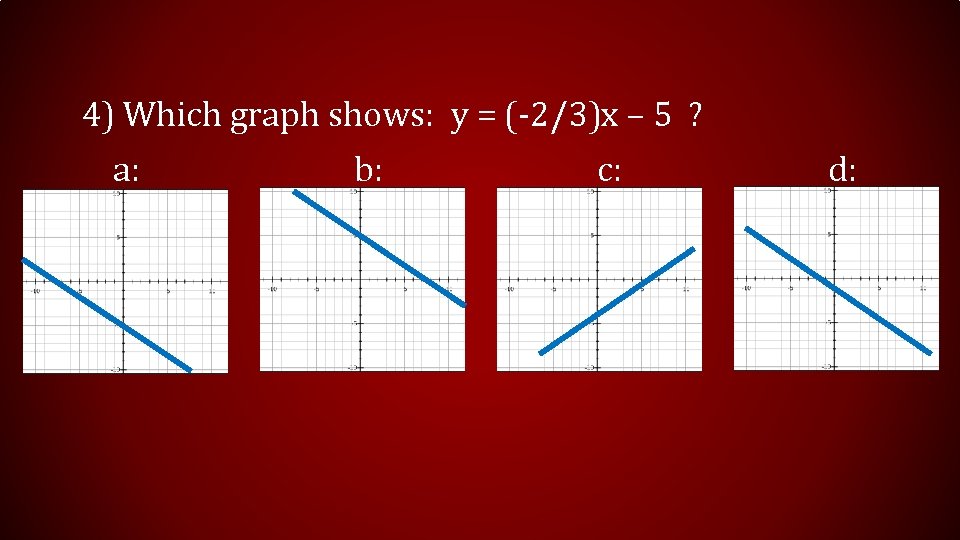 4) Which graph shows: y = (-2/3)x – 5 ? a: b: c: d: 4) Which graph shows: y = (-2/3)x – 5 ? a: b: c: d:
