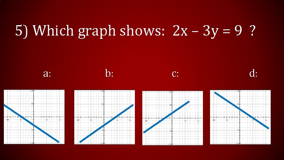 5) Which graph shows: 2 x – 3 y = 9 ? a: b: 5) Which graph shows: 2 x – 3 y = 9 ? a: b: