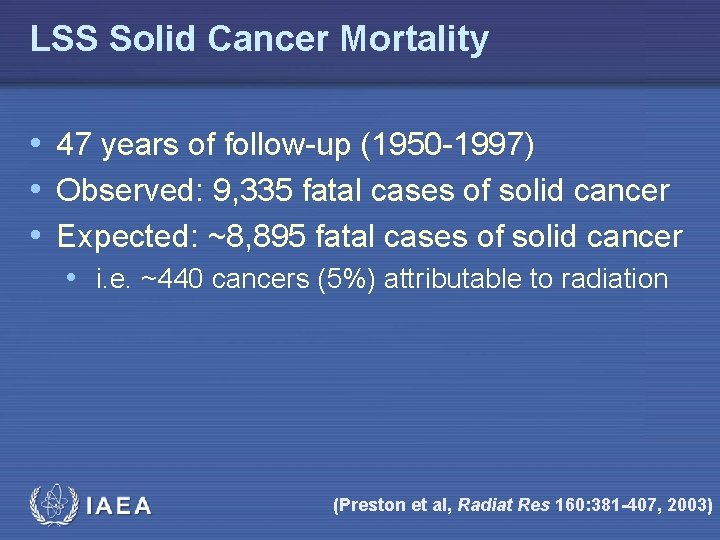 LSS Solid Cancer Mortality • 47 years of follow-up (1950 -1997) • Observed: 9,