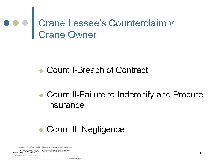 Crane Lessee’s Counterclaim v. Crane Owner l Count I-Breach of Contract l Count II-Failure Crane Lessee’s Counterclaim v. Crane Owner l Count I-Breach of Contract l Count II-Failure