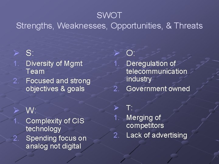 SWOT Strengths, Weaknesses, Opportunities, & Threats Ø S: Ø O: 1. Diversity of Mgmt