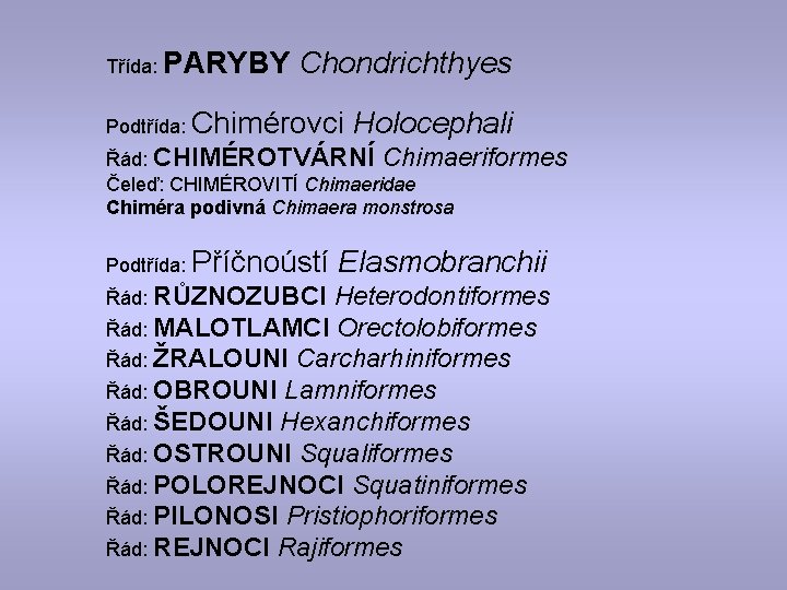 Třída: PARYBY Chondrichthyes Podtřída: Chimérovci Holocephali Řád: CHIMÉROTVÁRNÍ Chimaeriformes Čeleď: CHIMÉROVITÍ Chimaeridae Chiméra podivná