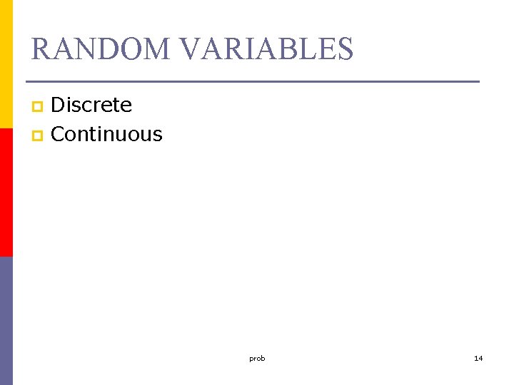 RANDOM VARIABLES Discrete p Continuous p prob 14 