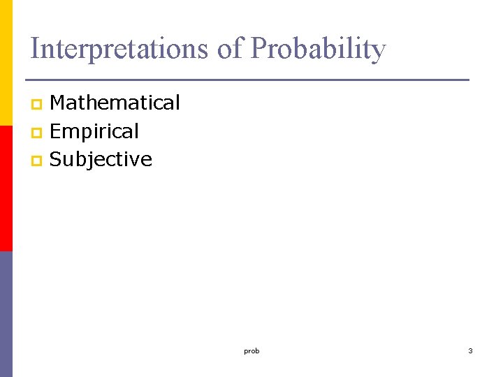 Interpretations of Probability Mathematical p Empirical p Subjective p prob 3 