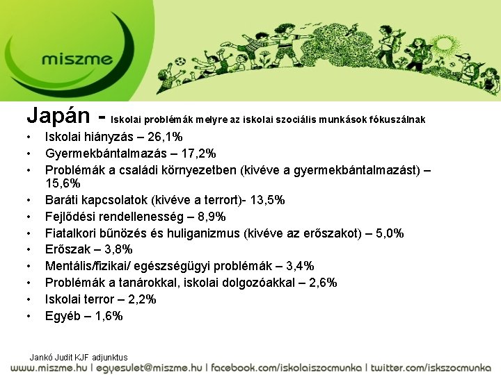 Japán - Iskolai problémák melyre az iskolai szociális munkások fókuszálnak • • • Iskolai