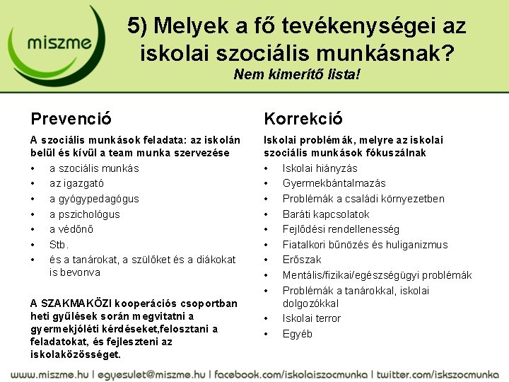 5) Melyek a fő tevékenységei az iskolai szociális munkásnak? Nem kimerítő lista! Prevenció Korrekció