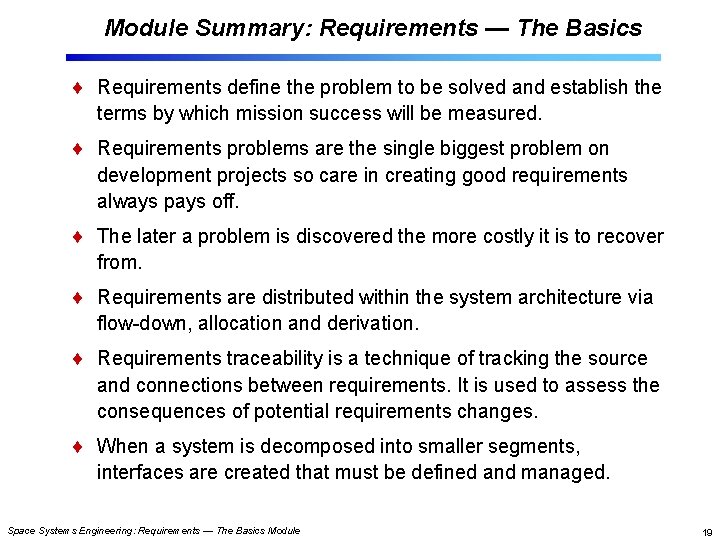 Module Summary: Requirements — The Basics Requirements define the problem to be solved and