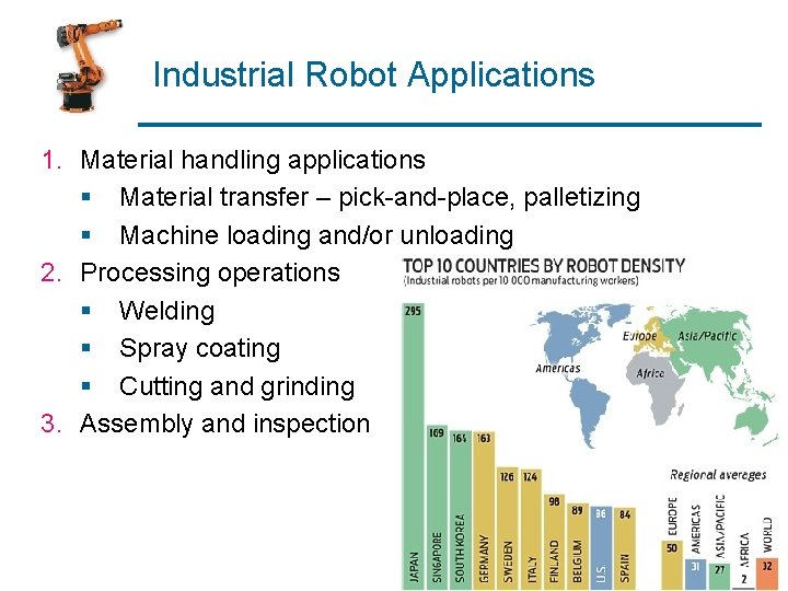 Industrial Robot Applications 1. Material handling applications § Material transfer – pick-and-place, palletizing §