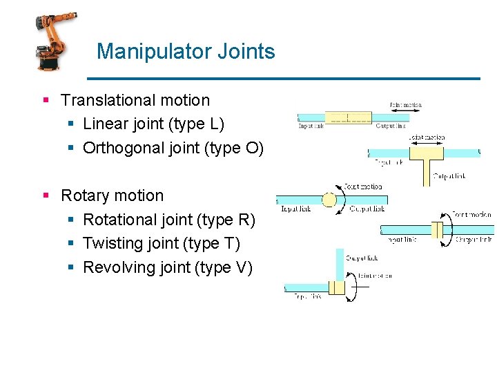 Manipulator Joints § Translational motion § Linear joint (type L) § Orthogonal joint (type