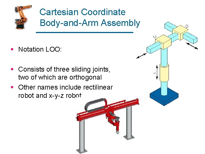 Cartesian Coordinate Body-and-Arm Assembly § Notation LOO: § Consists of three sliding joints, two