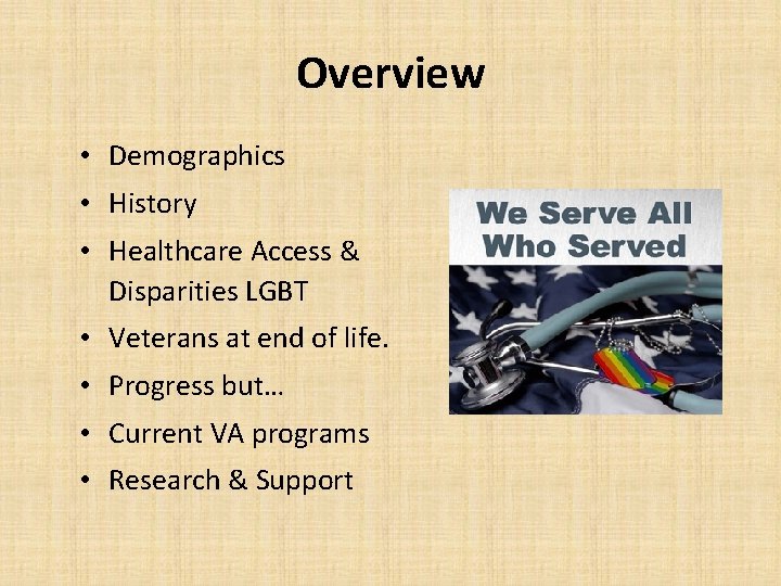 Overview • Demographics • History • Healthcare Access & Disparities LGBT • Veterans at