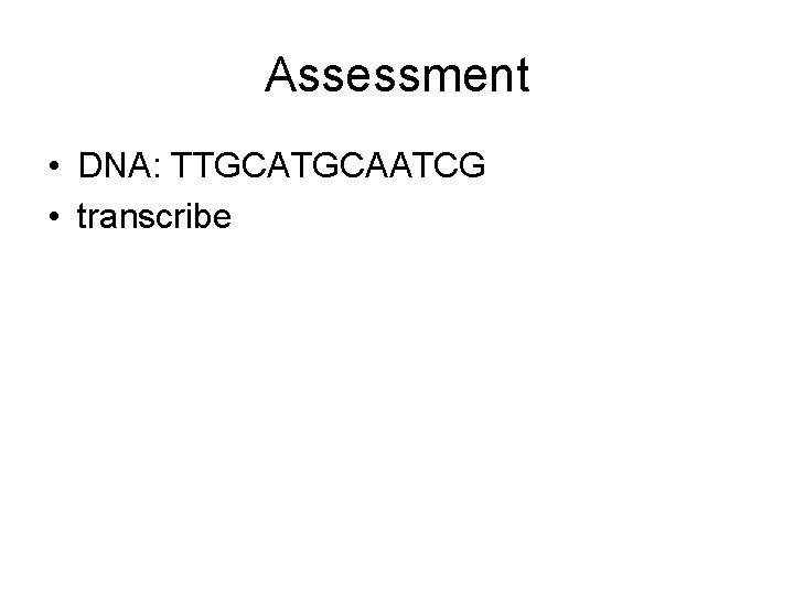 Assessment • DNA: TTGCAATCG • transcribe 