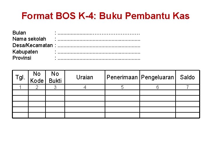 Format BOS K-4: Buku Pembantu Kas Bulan Nama sekolah Desa/Kecamatan Kabupaten Provinsi Tgl. 1