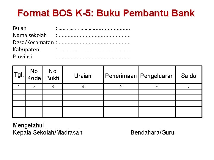 Format BOS K-5: Buku Pembantu Bank Bulan Nama sekolah Desa/Kecamatan Kabupaten Provinsi Tgl. 1